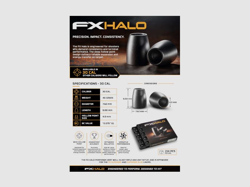 FX Halo 7.62 mm.30 46 Grain Hybride Pellet Slug 154 Stuks, afbeelding 2 van 2