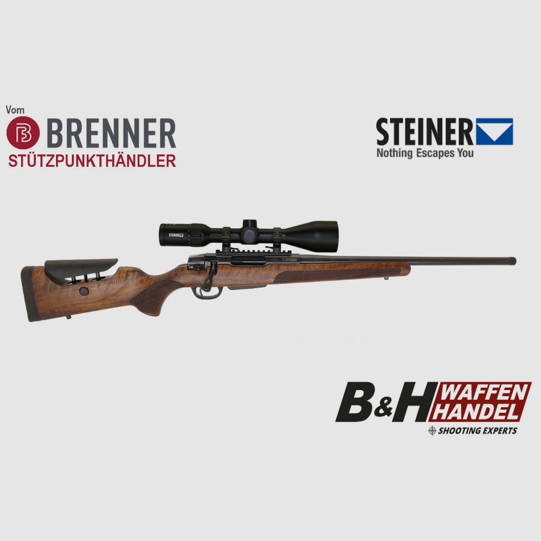 Brenner Komplettpaket: BR20 L.E. (Nussbaum, verstellbarer Schaftrücken / Limited Edition) mit Steiner Ranger 3-12x56
