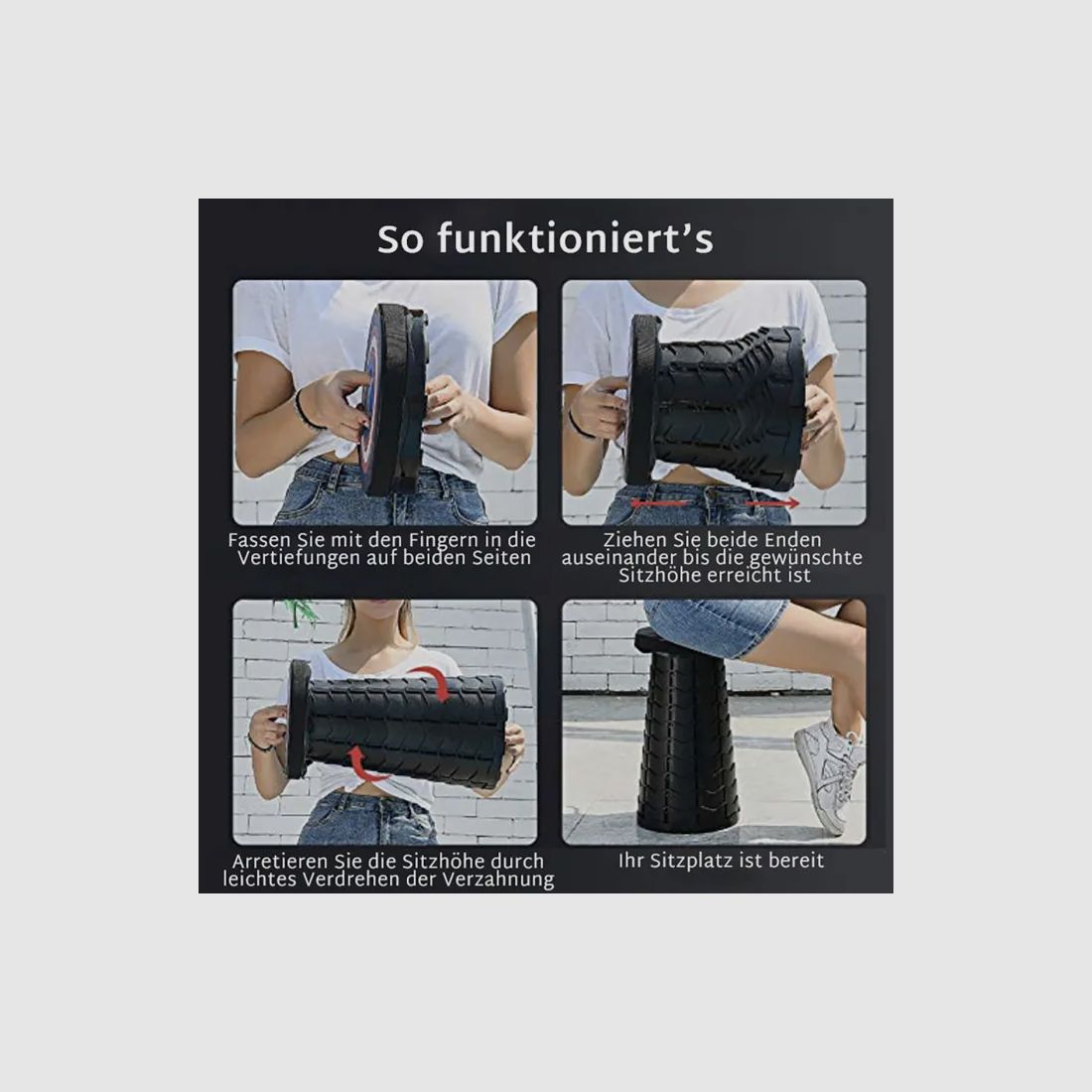 Mobiler Teleskophocker "Lightweight" - Tragkraft 130kg - Schwarz