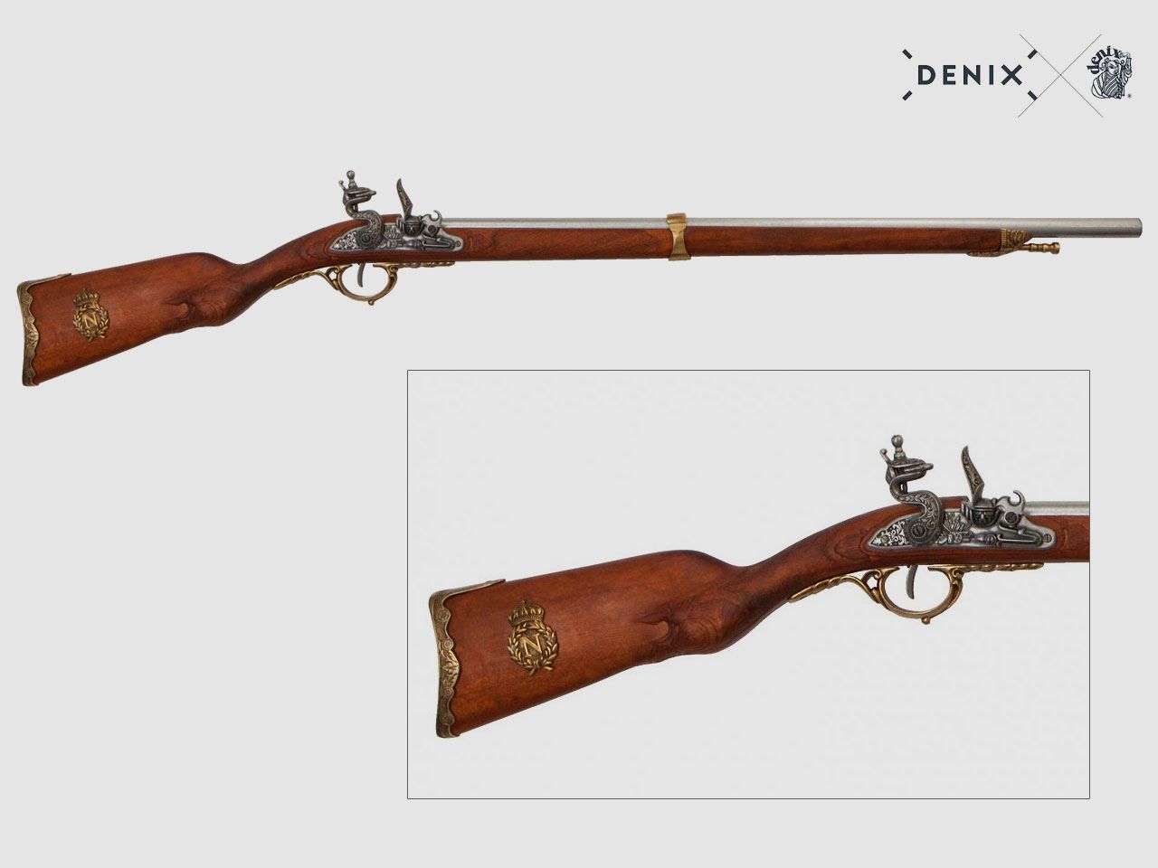 FranzĂ¶sisches Deko Steinschlossgewehr Napoleon 1807, silber - messing, 113 cm