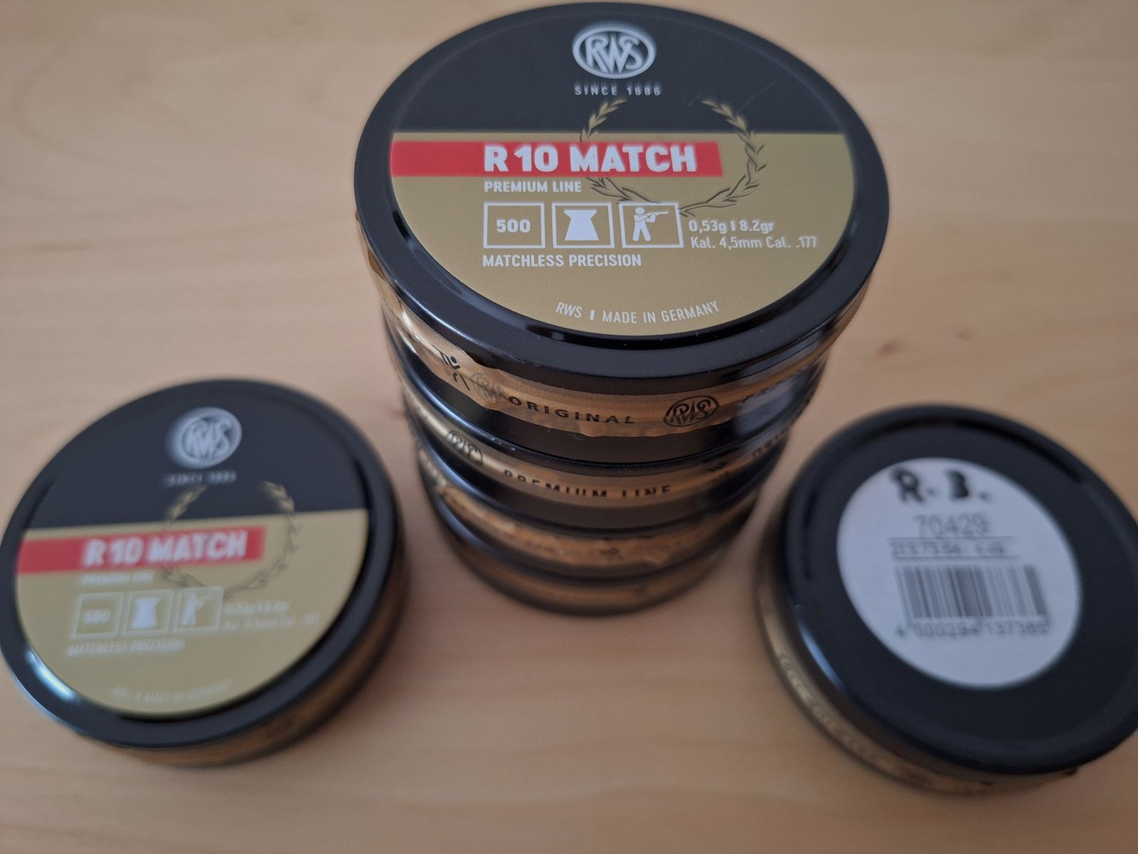 6 Stück Versiegelte Dosen a. 500 Stück RWS R 10 MATCH Premium Line 0,53 g 8,2gr        Ø 4,49 mm Charge Nummer: 70429.