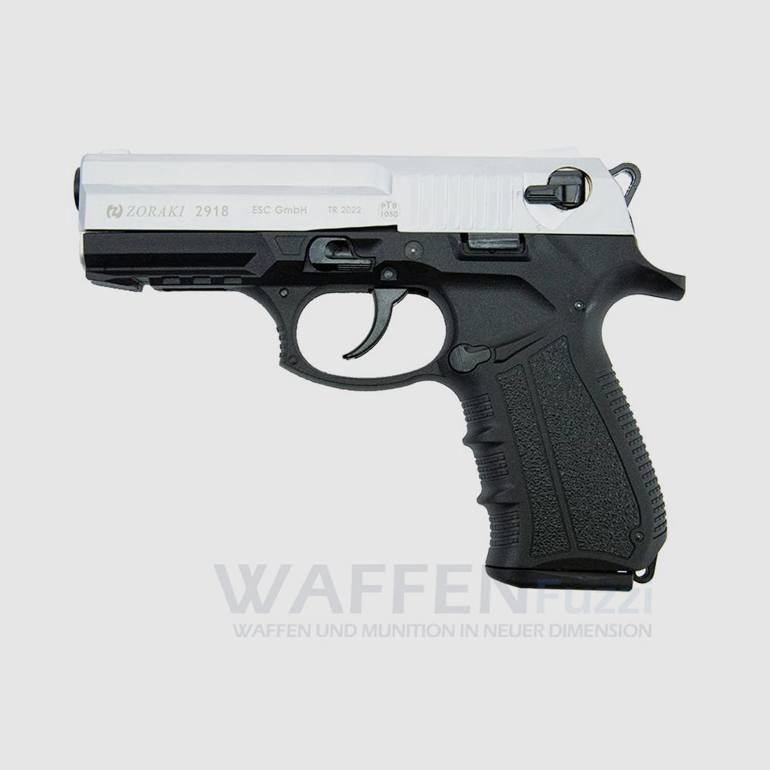Zoraki 2918 Blank Firing Pistol Matt Chrome Caliber 9mm P.A.K.