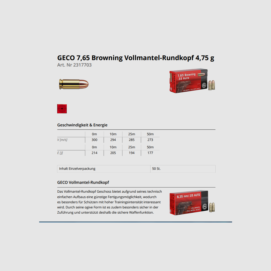 GECO cal. 7.. pistola 7,65mmBr/.32Auto FMJ 50 pz. 73 gr/4,75 g, immagine 2 di 2