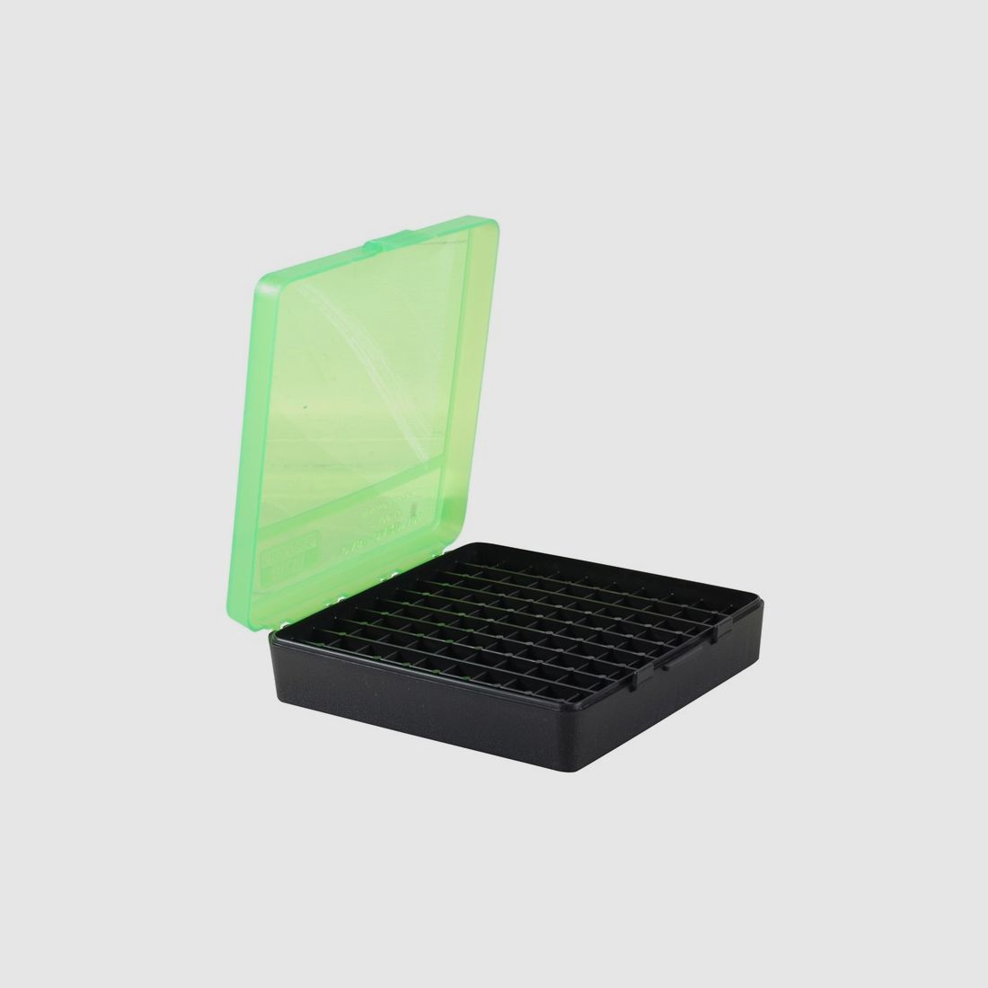 MTM cartridge box P-100-45-16T green/black with flip lid for 100 cartridges .45 ACP and others.
