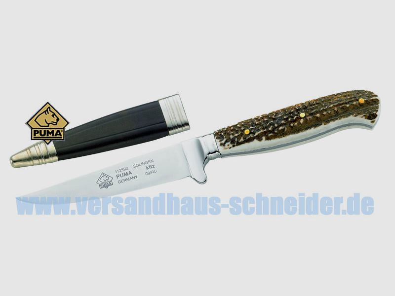 Puma Jagdmesser, Modell Kitz, Stahl 1.4034, Hirschhornschalen, Lederscheide P18)