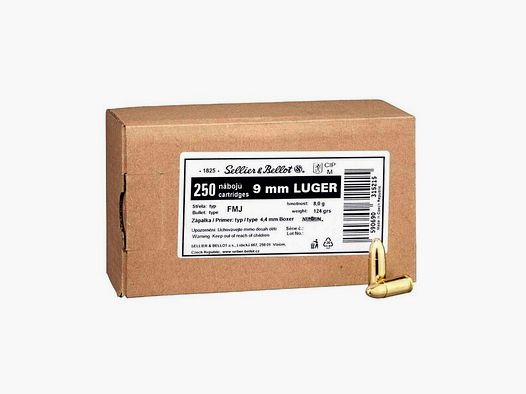 Sellier & Bellot S&amp;B Schüttpackung 9 mm Luger Vollmantel 8,0g/124gr - 1000 Schuss (4 Pakete)