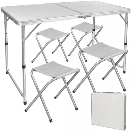 Mesa de camping plegable 120 x 60,5 x 70 con orificio para sombrilla + 4 sillas