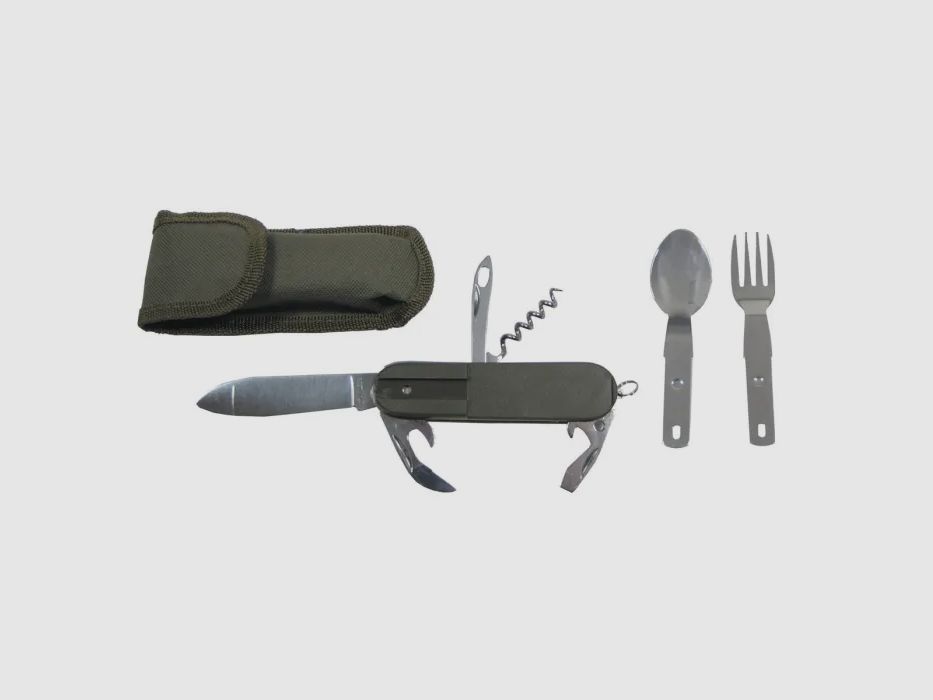 Taschenmesser mit Gabel, Löffel + weiteres Zubehör - Oliv