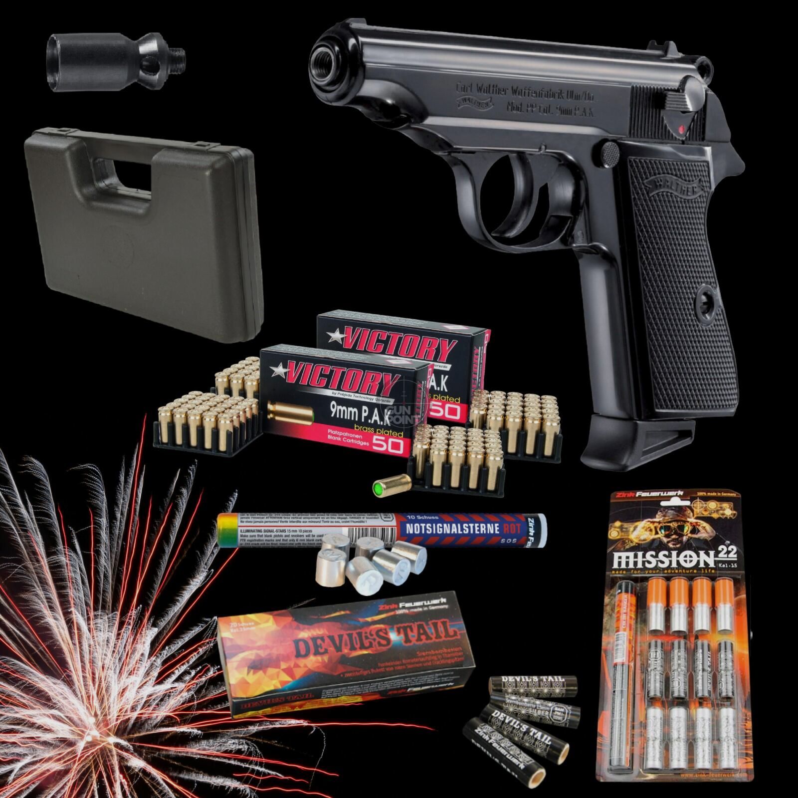 SILVESTER MEGASET !!! Schreckschuss - Pistole - Walther PP - 9 mm P.A.K. inkl. Koffer, 100 Platzpatronen & 52 Schuss Effektmunition