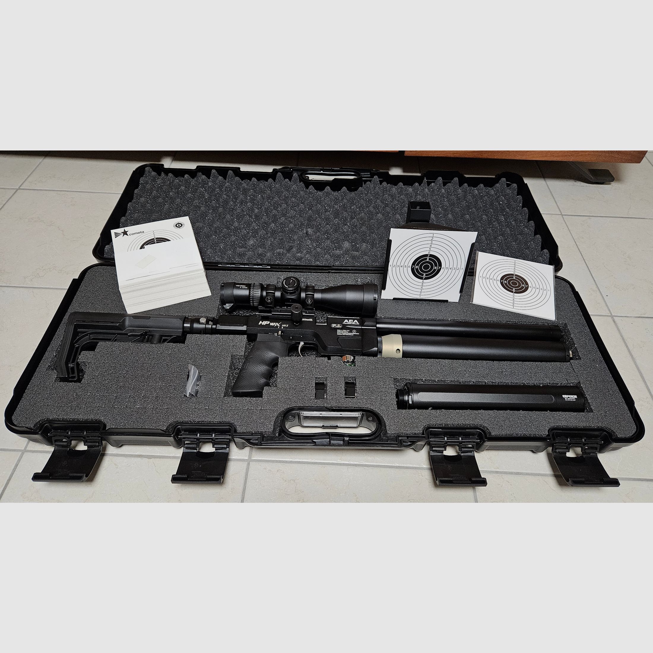 Air rifle AEA HPMAX Mk2 incl. case, scope, moderator and other accessories