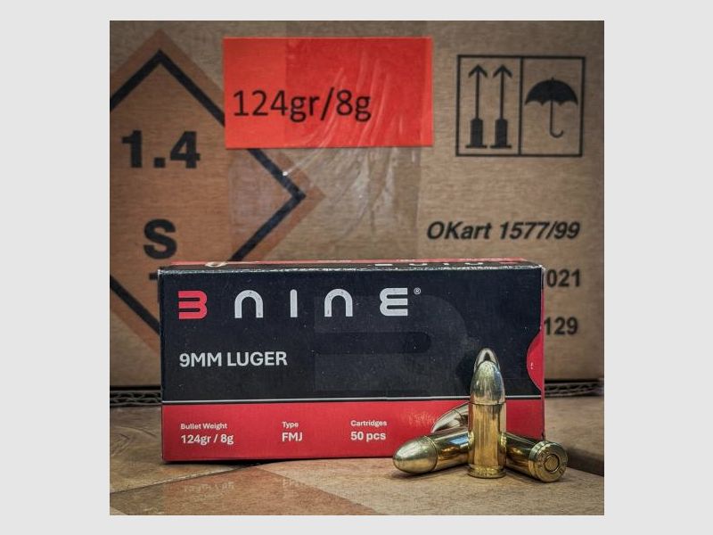 BNine 9mm Luger – 124grs / 8,0 g – Vollmantel (FMJ) - 245,00€ per 1000 Schuss