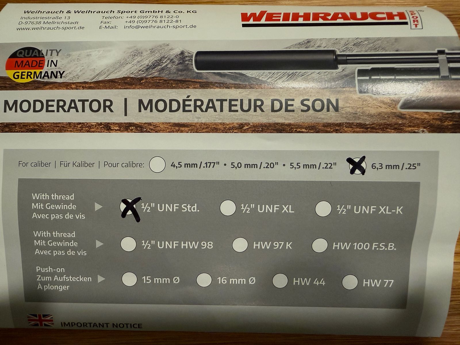 Weihrauch Schalldämpfer 635-HWSILENCER 1/2 Zoll UNF Gewinde