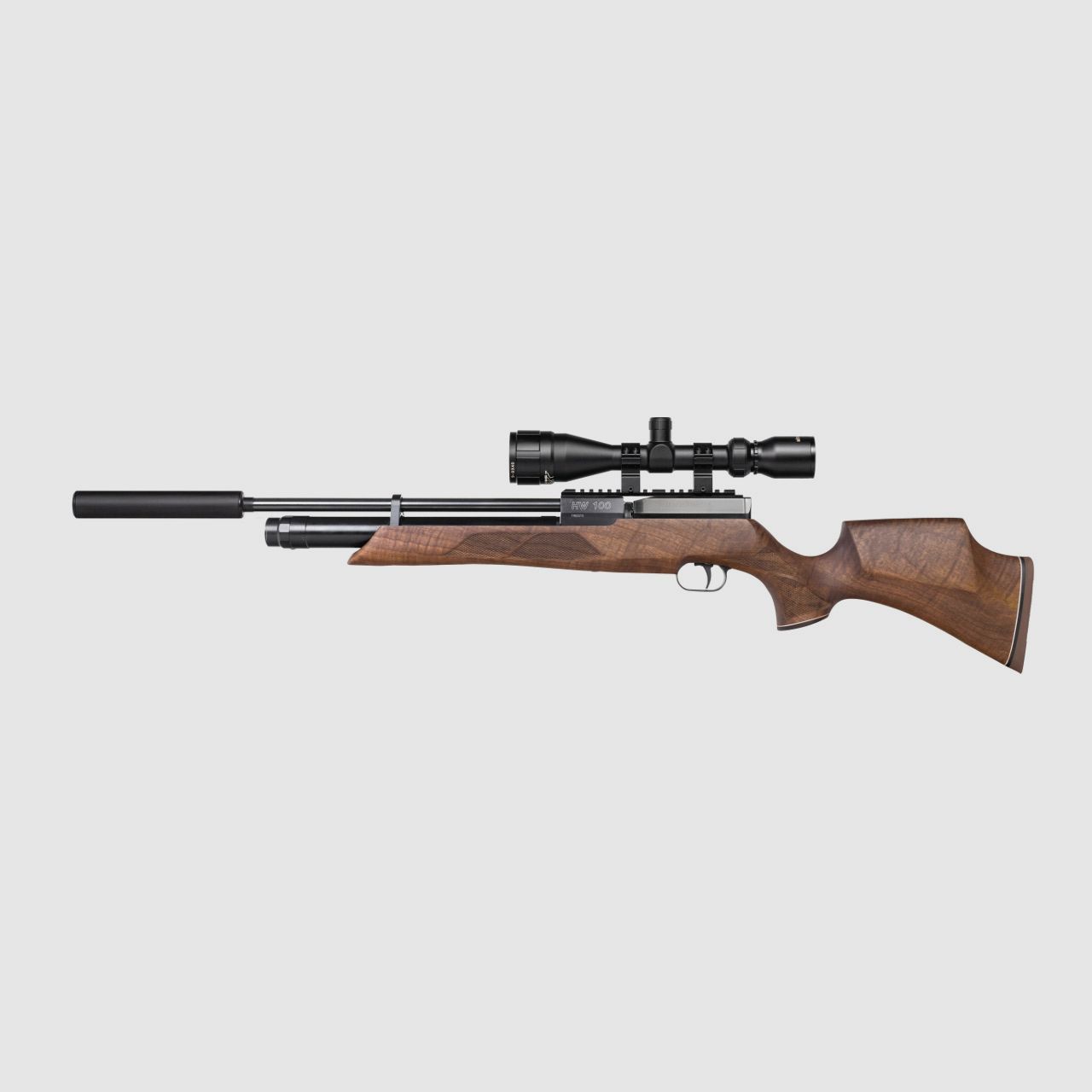 Pressluftgewehr Weihrauch HW 100 S Nussbaumholz-Sportschaft SchalldĂ¤mpfer Kaliber 4,5 mm (P18)