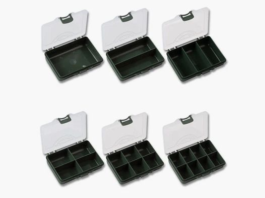 Red Carp® small parts box / cartridge box - 10.5 x 7 x 2.5cm - 6 compartments - Olive / Transparent