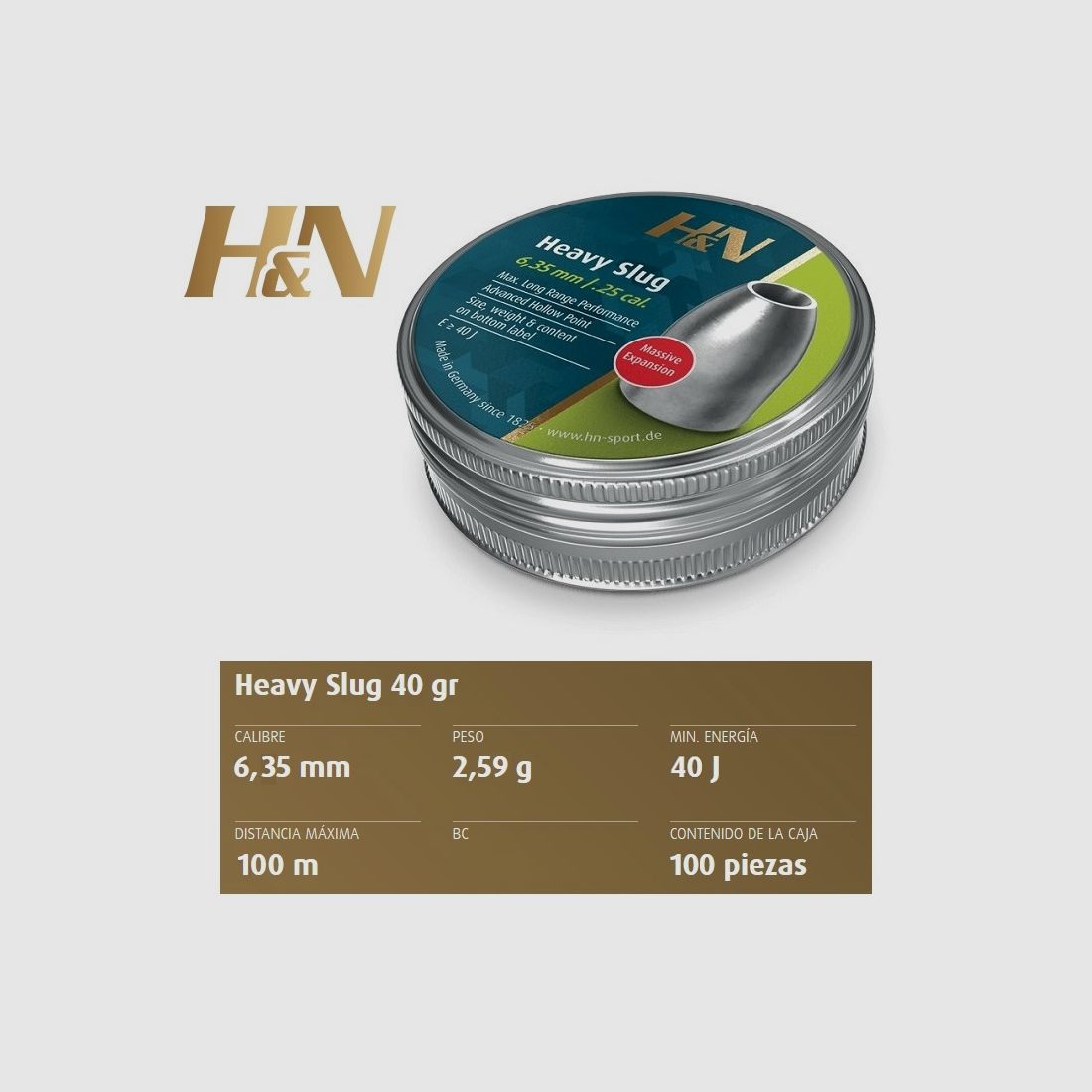 H&N Slug HP HEAVY Kal. 6,32 mm /.249″ – Dose mit 100 Diabolos von 2,59 g.
