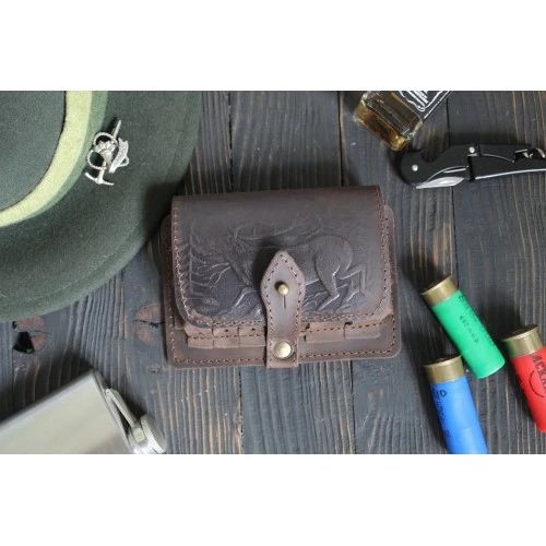 Brown leather hunting cartridge pouch for rifle and shotgun ammunition