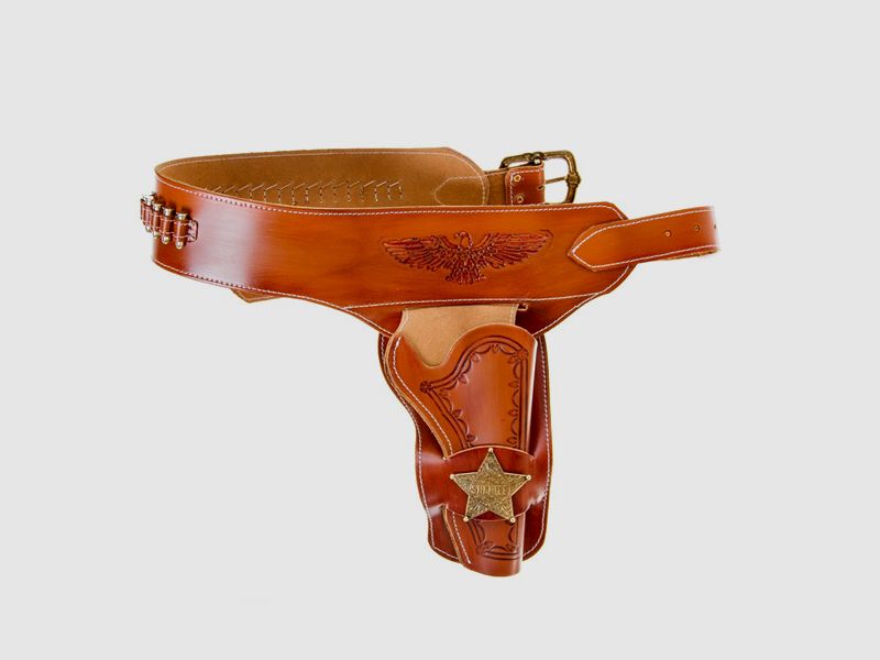 braunes Western GĂĽrtelholster aus Leder inkl. 24 passender Patronen und Sheriff Stern, LĂ¤nge 130 cm