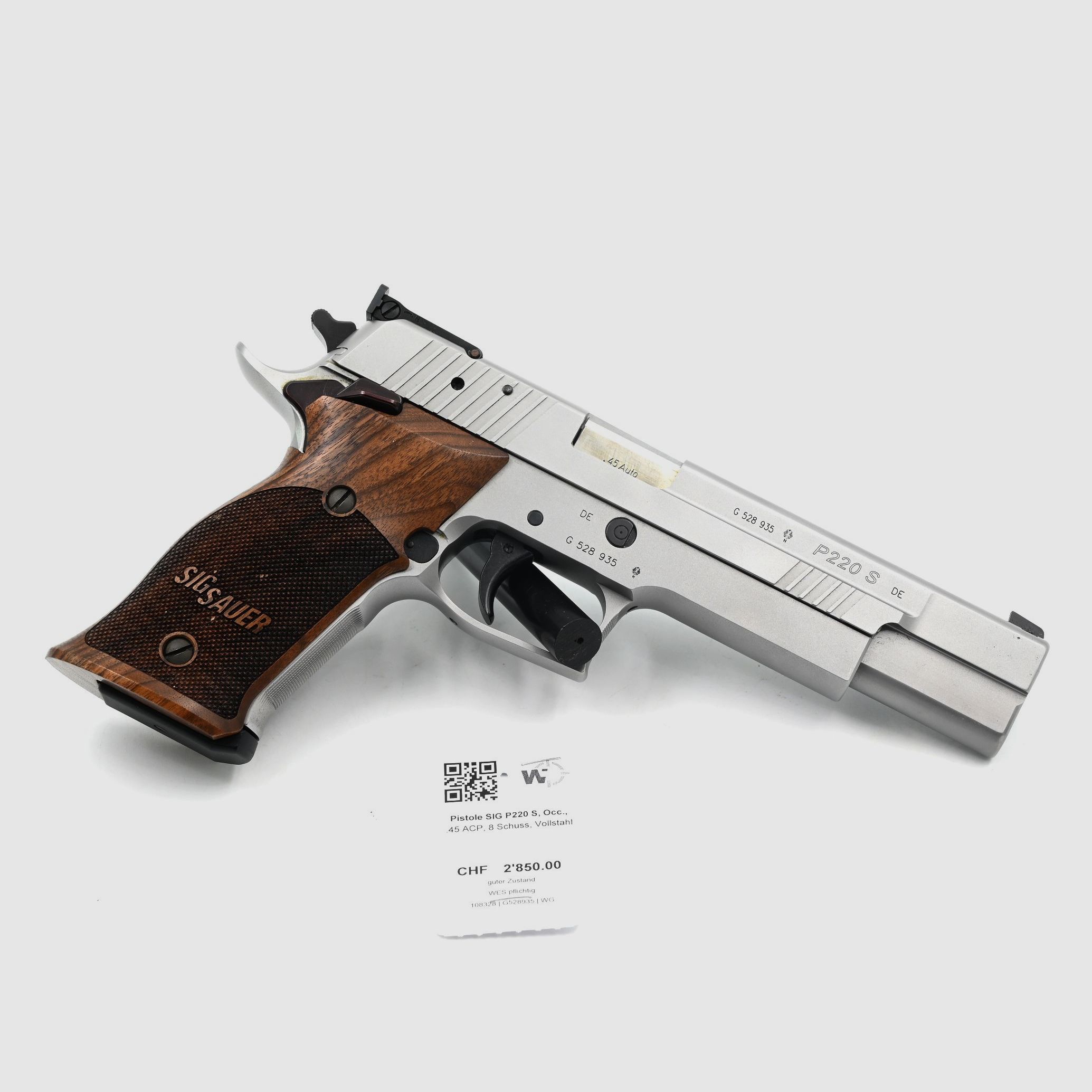SIG P220 S pistol, used, .45 ACP, 8 rounds, all-steel, image 2 of 3