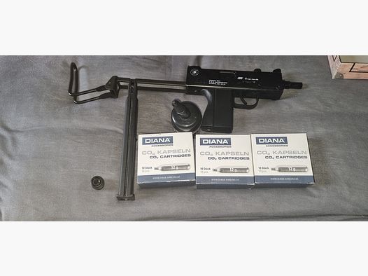 ASG / KWC Cobray Ingram M11 CO2 NBB mit CO2 Kartuschen und Metallkugeln. Halbautomatisch