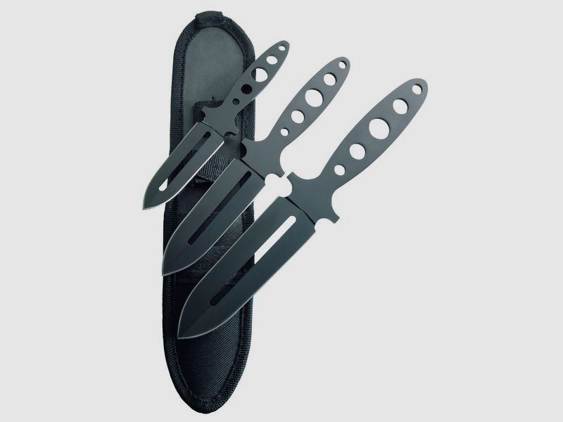 Throwing knife set, 3-piece, black blades nylon sheath