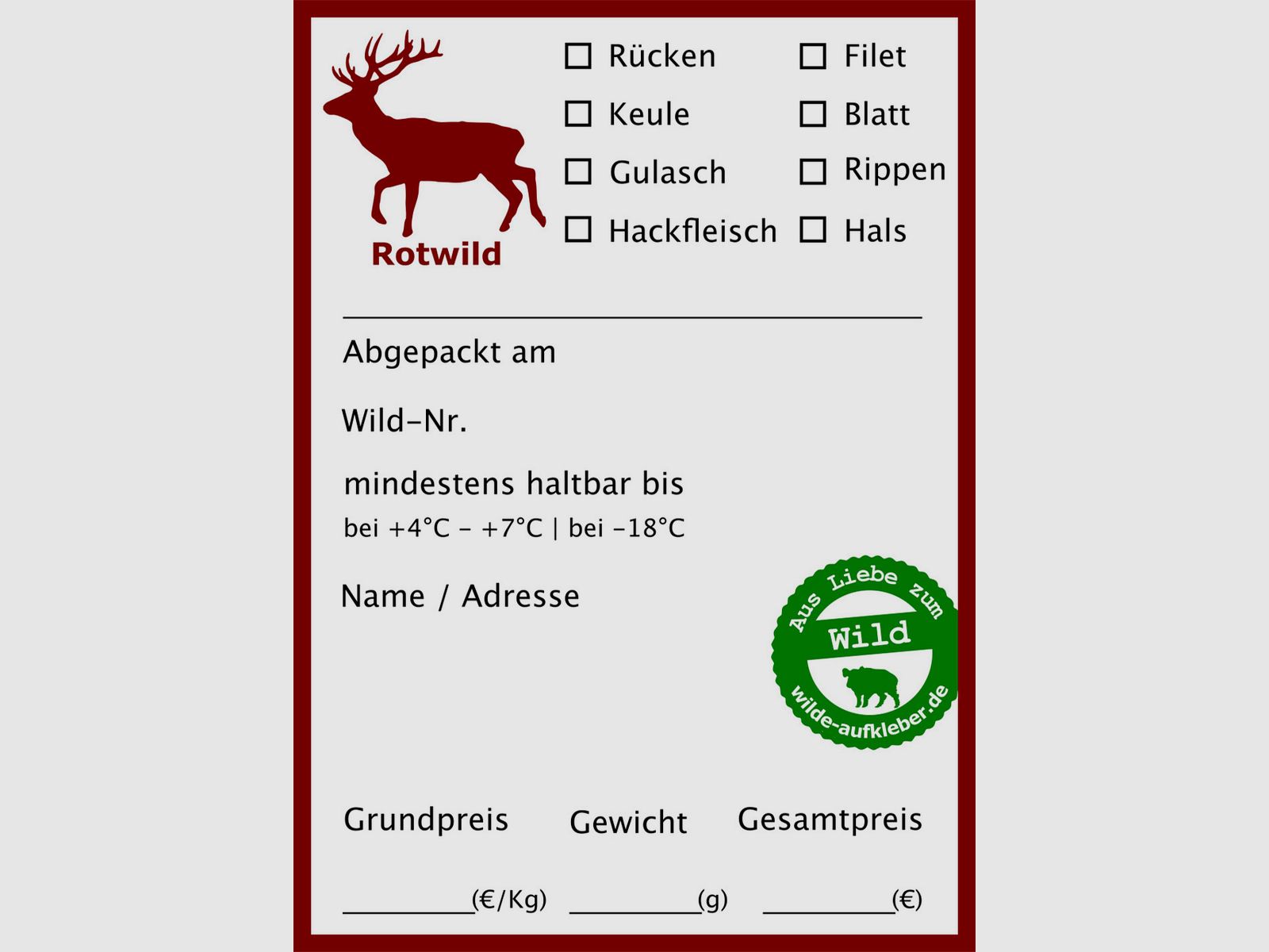 Game meat freezing labels Wild stickers