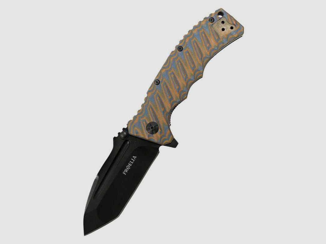 Defcon Proelia Tanto Taschenmesser, matt-schwarze Klinge, braun-blauer Griff