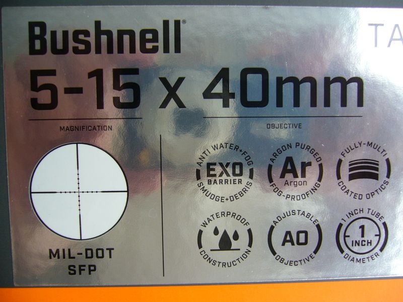 Bushnell Zielfernrohr 5-15x40 mit Mil-Dot Absehen. Eine erstklassige Leistung für kleines Geld.