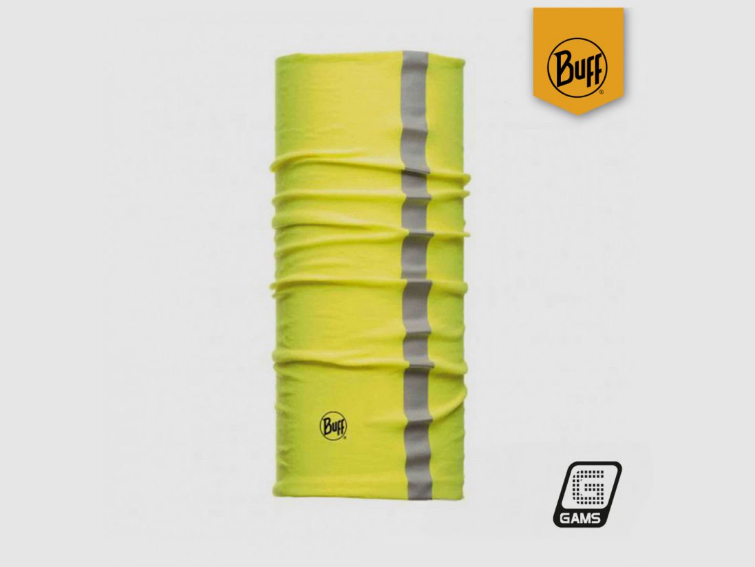Protector térmico de cuello marca BUFF color amarillo fluorescente con banda reflectante
