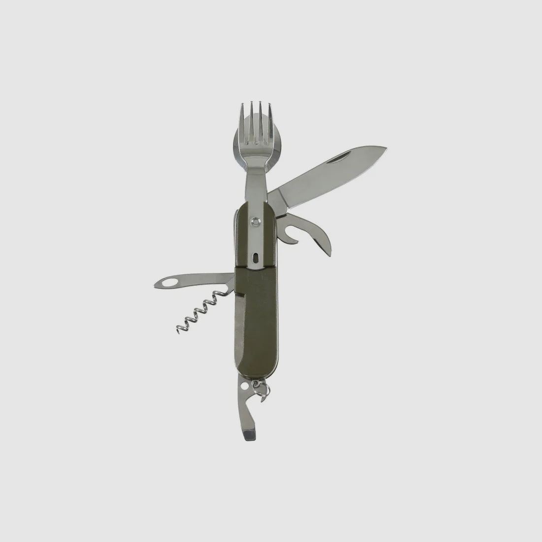 Cuchillo de bolsillo con tenedor, cuchara + otros accesorios - Oliva