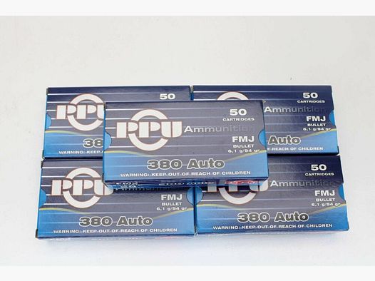 250 shots PPU .380 Auto 9mm short with 6.1 grams 94grs. FMJ 5x50 pack