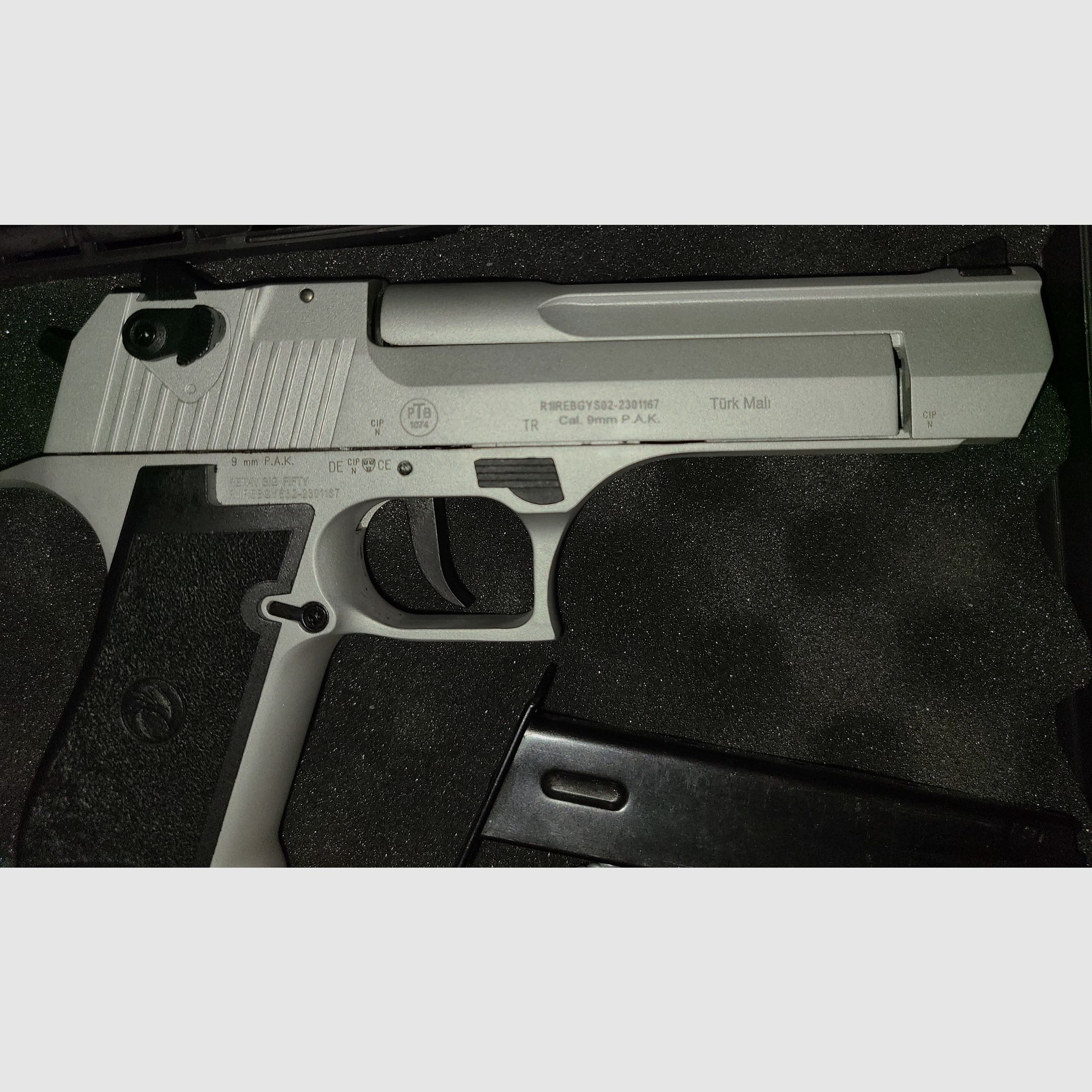 RETAY BIG FIFTY / VERCHROMT SILBER / mit Zubehör 3 MAGAZINE / mit OVP / cal. 9mm P.A.K. / PTB 1074 / SCHRECKSCHUSS GAS PISTOLE / SILVESTER / SELBSTVERTEIDIGUNG / NEUWERTIG