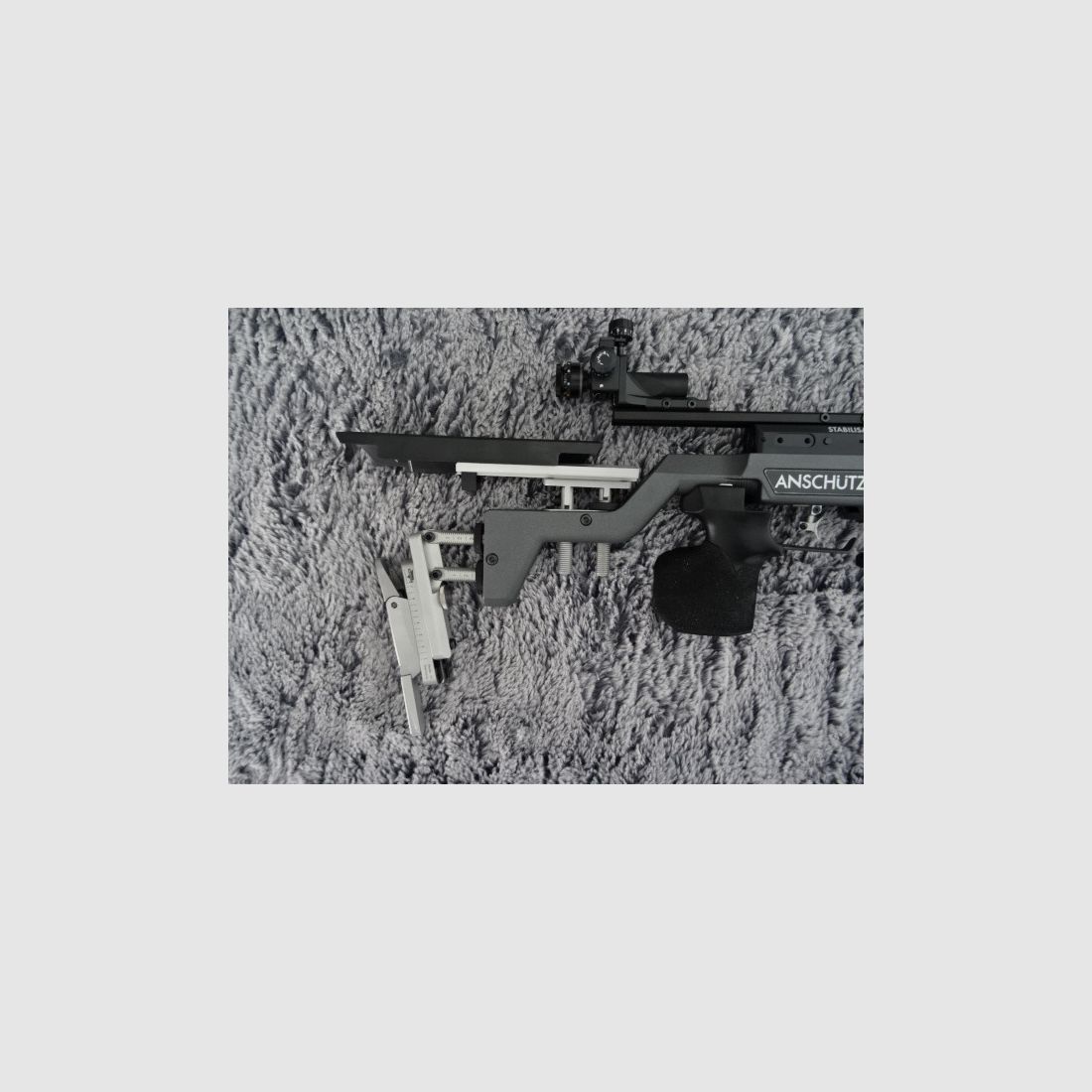 Anschütz 9015 Alu ondersteuning luchtgeweer - kleur irisfilter - stabilisator - origineel accessoire - koffer - 1e hand - weinig gebruikt