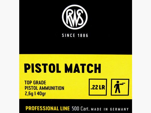 50 Stück / Schuss RWS .22 l.r. lfb KK Munition PISTOL MATCH 40grs 2,6g LRN Blei Rundkopf 275m/s