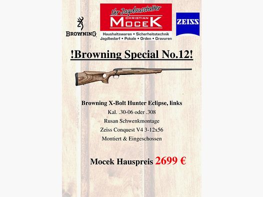 Browning X-Bolt Hunter Eclipse, con Zeiss Conquest V4 3-12x56, sinistro