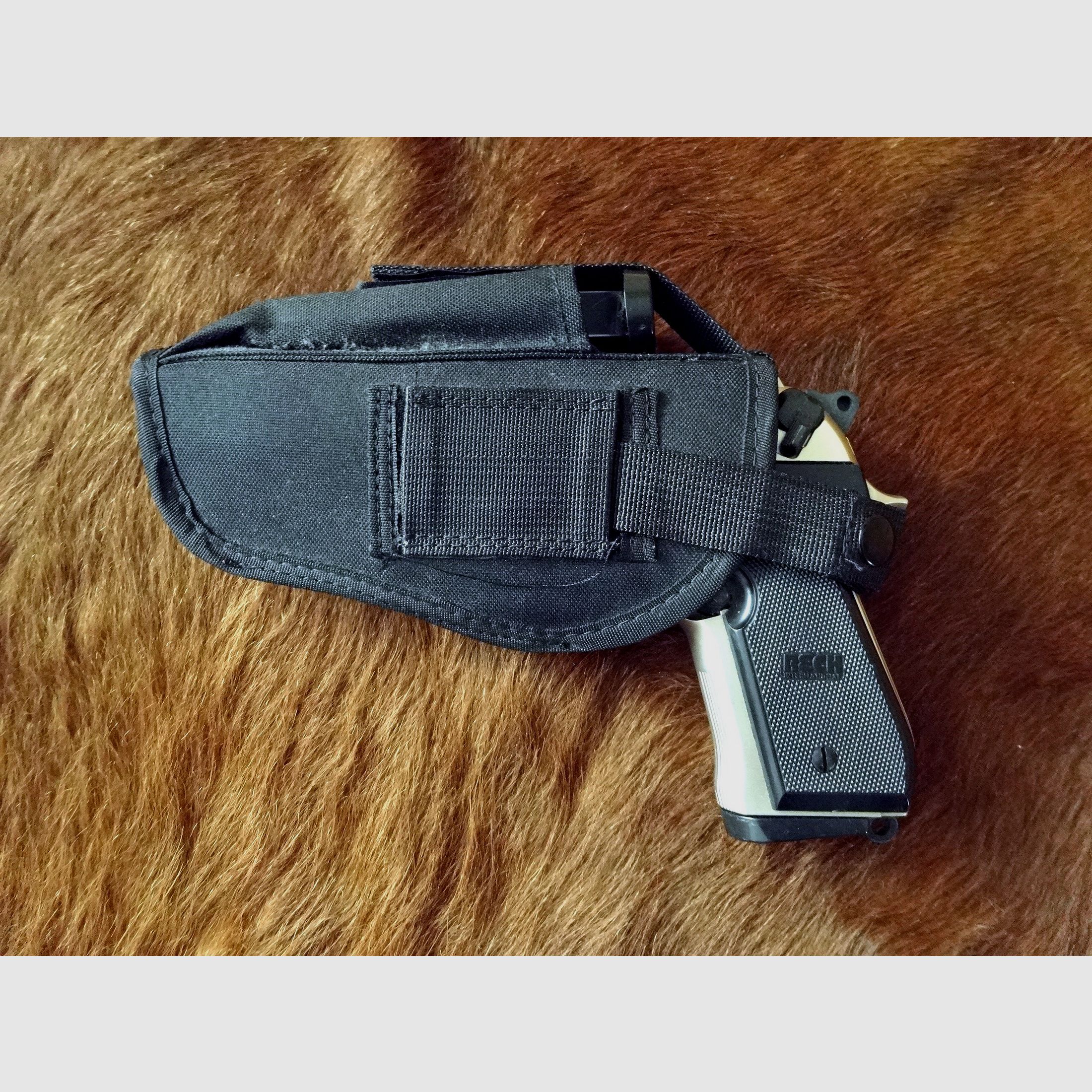Top-Pakket! Reck Miami Mod. 92 F verchroomd, Cal. 9 mm P.A.K. + takt. Holster + 2. Magazin