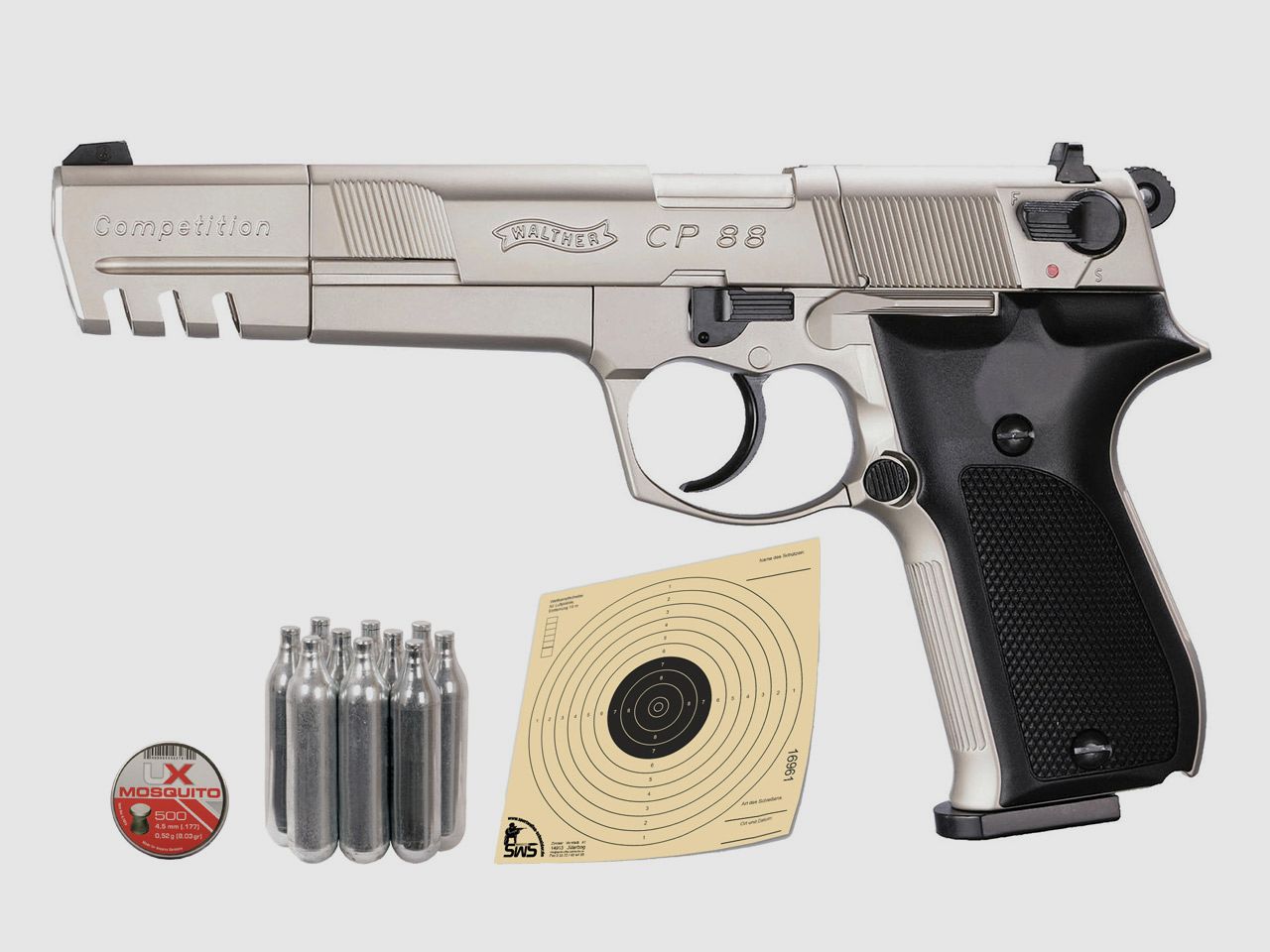 CO2 Pistole Walther CP88 Competition Lauf 6 Zoll nickel Kaliber 4,5 mm Diabolo (P18)+ Diabolos CO2 Kapsel