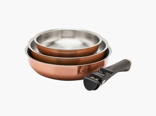 Set 3 Edelstahlpfannen 20/24/26cm + abnehmbarer Griff 496-816g