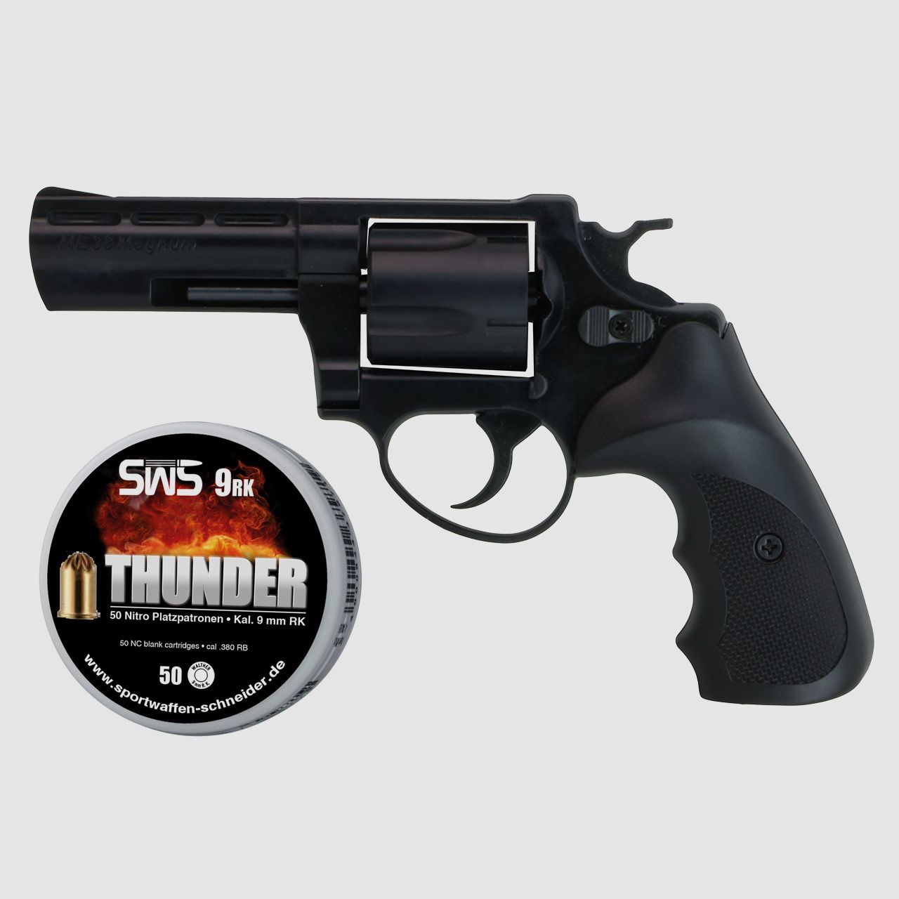 Schreckschuss Revolver Melcher ME 38 Magnum brĂĽniert Combat Kunststoffgriff Kaliber 9 mm R.K. (P18) + 50 Schuss