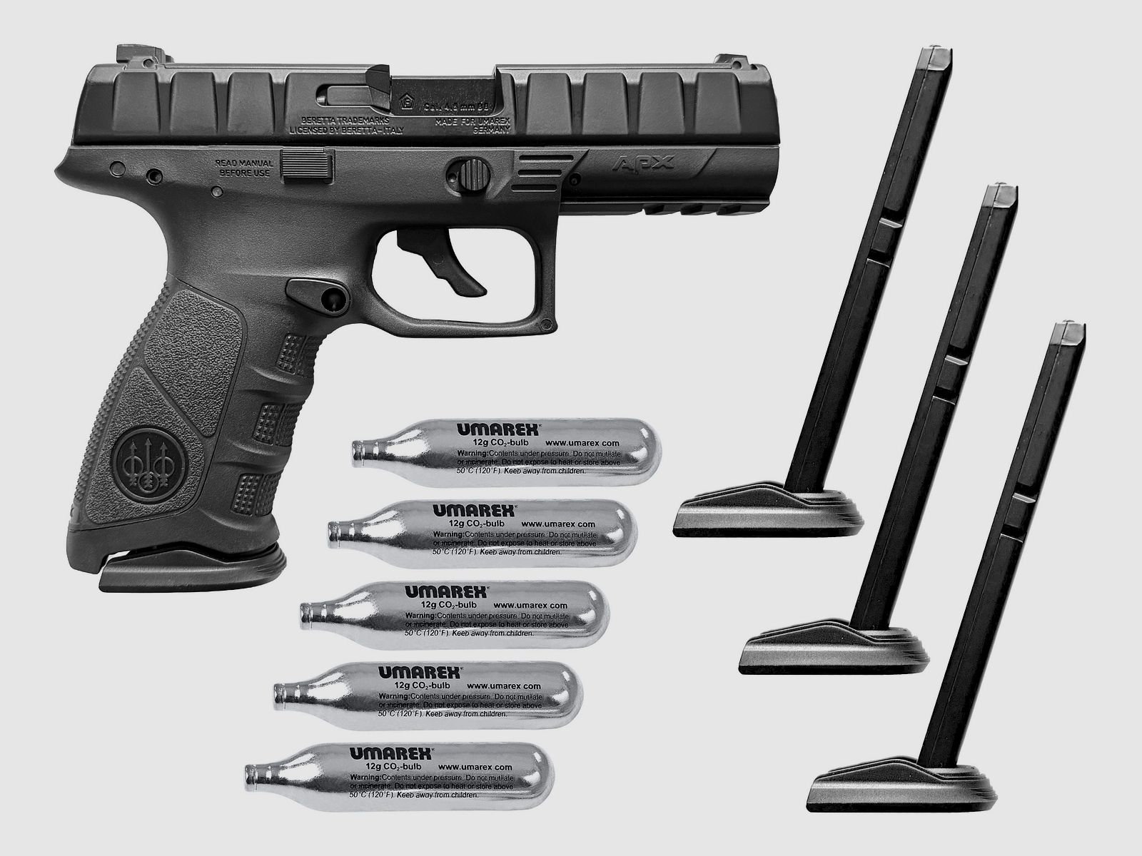 Pistolet à air comprimé Beretta APX CO2 cal. 4,5 mm BB noir avec glissière en métal - 3 chargeurs - 5 capsules de CO2 - Comme neuf