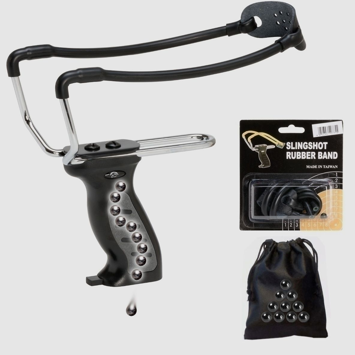 Power slingshot black with replacement rubber and 200 steel balls in the box