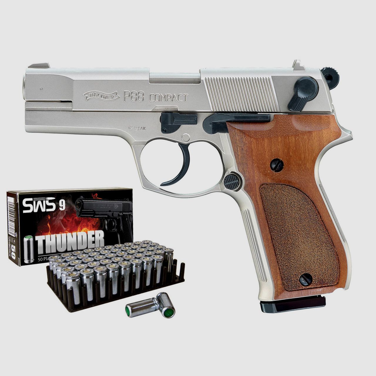 Schreckschuss Pistole Walther P88 Compact nickel Holzgriff Kaliber 9 mm P.A.K. (P18)+ 50 Schuss