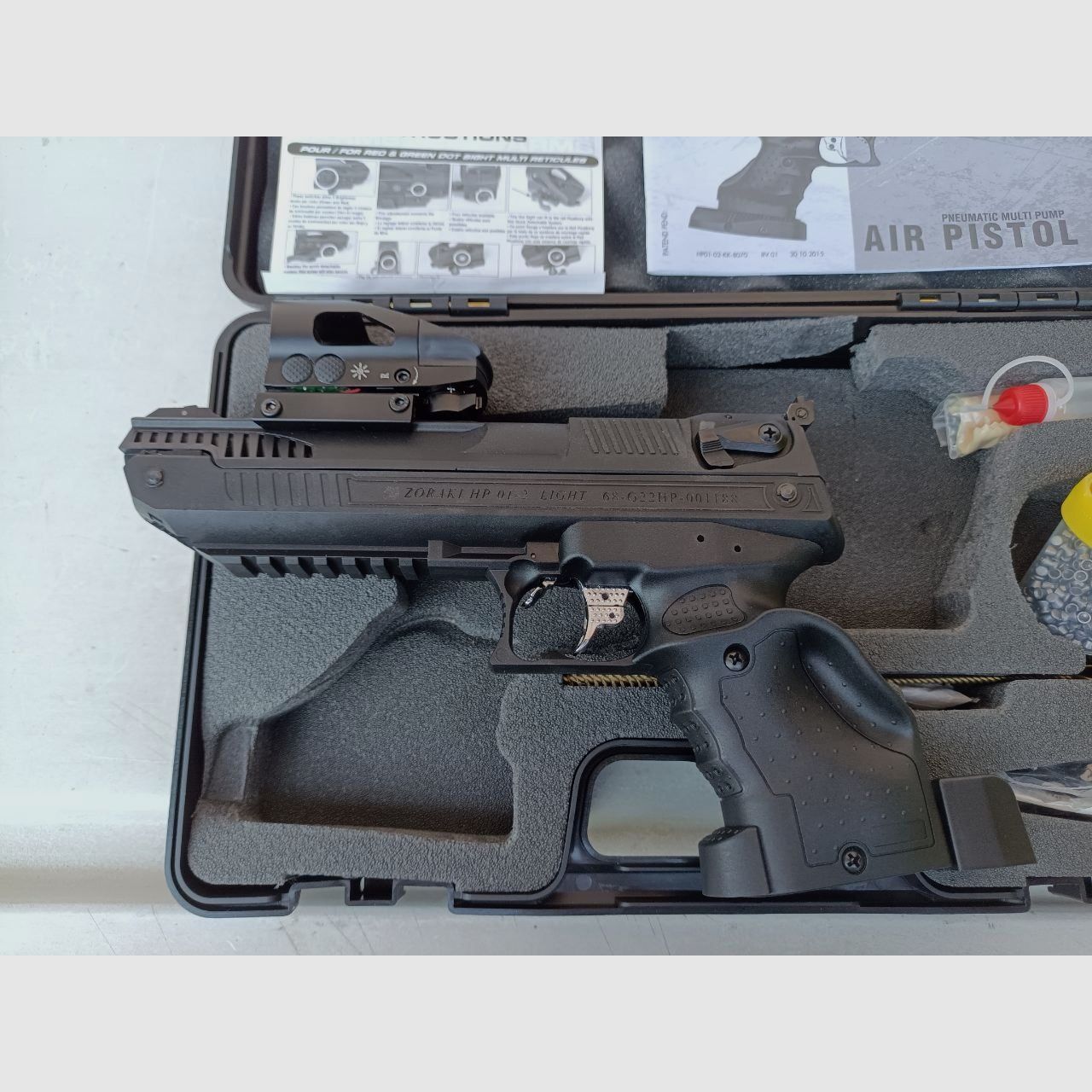 Zoraki HP 01 precompression con mirino Red Dot munizioni scatola di raccolta pallini bersagli