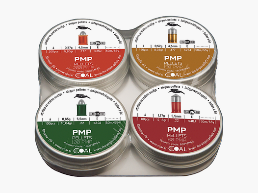 Coal PMP-Pellets (Kunststoff-Metall-Pellets) 4er Test-Packung, Kal.4,5mm/.177 und Kal.5,5/.22 Bleifreie-Pelletts 200PMP/150PMP/100PMP/80 PMP