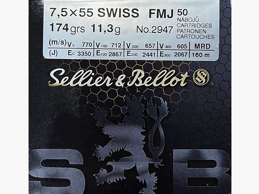 Sellier & Bellot 7,5x55 Suisse FMJ 174grs - 400 cartouches