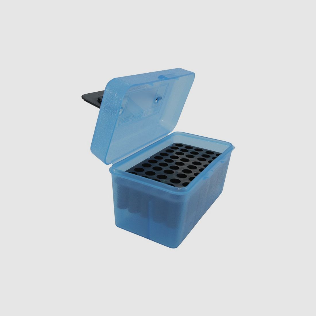 MTM Deluxe scatola per cartucce H50-R-MAG-24 blu trasparente con coperchio a ribalta e maniglia per 50 cartucce .257 e altre.