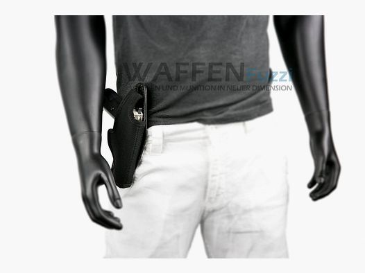 Belt holster with clip for medium-sized pistols with adjustable button closure