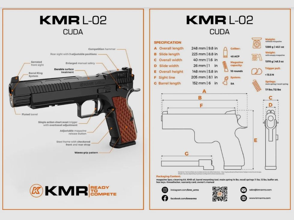 KMR Precision Arms pistola Mod. L-02 CUDA OR -6' .45Auto, immagine 2 di 2
