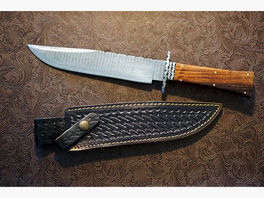 Groot Bowie - 36,9 cm - Damast - Walnoot - Leren schede - Nieuw!