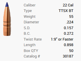 Balle Barnes .22/.224 55GR Tipped TSX BT 50 pièces