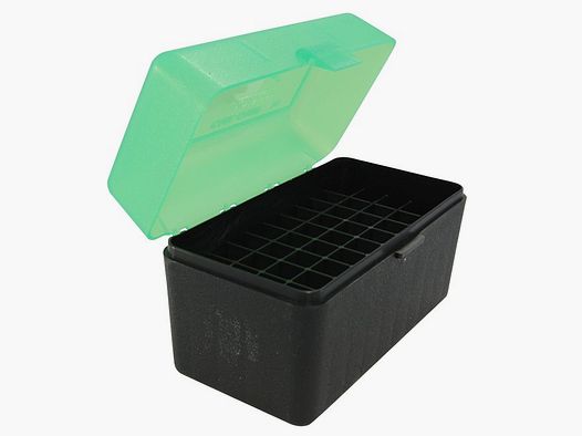 Caja de cartuchos MTM RL-50-16T verde/negra con tapa abatible para 50 cartuchos .270 y otros.